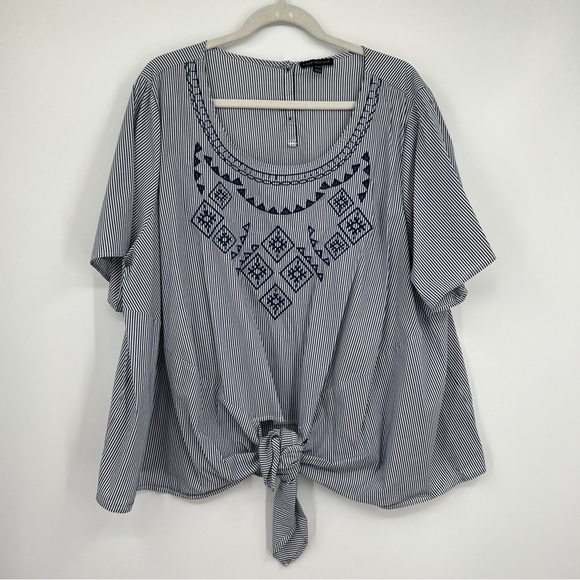Lane Bryant Tops - Lane Bryant Embroidered Tie-Front Pinstriped Back Button Boxy Blue White Shirt